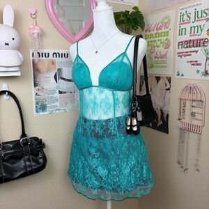 blue-green lace victoria's secret mini slip dress